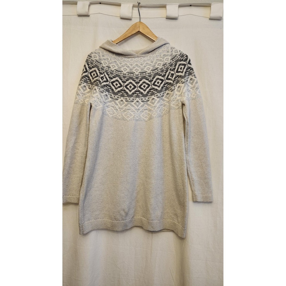 J Jill Sweater Tunic Womens Small Beige Hooded Fair Isle Long Sleeve Pullover
